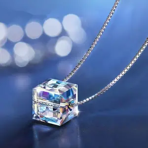 Iridescent Cube Crystal Pendant Necklace for Women, Minimalist Square Charm, Stylish Fashion Chain Jewelry DZXL3847