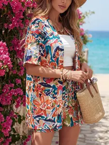 Women's Floral Print Open Front Top & Drawstring Waist Shorts Set, Boho Casual Two-Piece Outfits for Beach Holiday, Ladies Summer Clothes