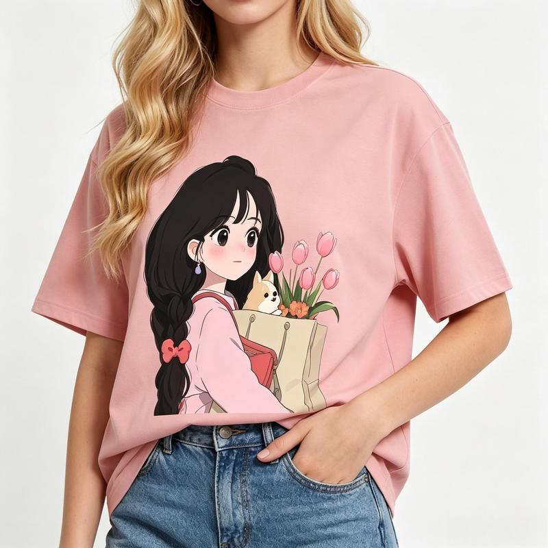 Women's Lightweight Pure Cotton Crew Neck Oversized Graphic Tee - Short Sleeves, Light Pink, Kawaii Anime Girl with Braids, Shiba Inu, Tulips, Bag Graphic Print, Y2K Aesthetic Streetwear Summer Casual Top