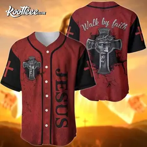 Jesus Walk By Faith INRI Cross Crown Thorns Red Black Baseball Jersey Oversized Unisex Christian Faith Streetwear Summer Casual Sport Gym Easter Gift