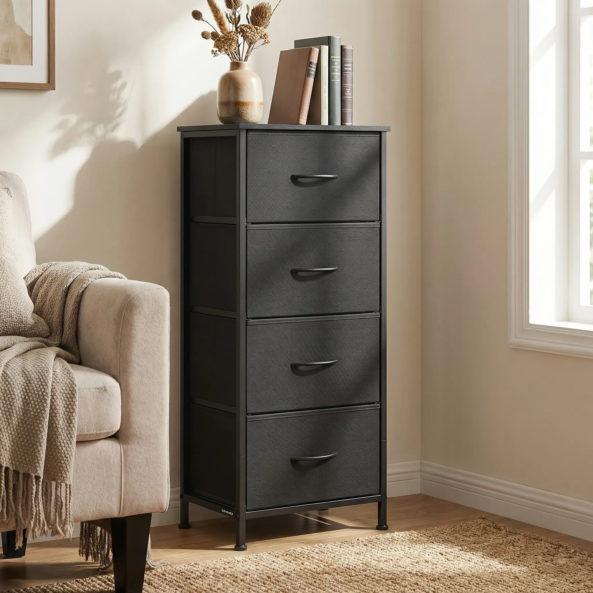 Chest of Drawers 3/4/5 Drawer Storage Dresser, Steel And MDF Construction Non Woven Fabric Drawers, Multifunctional Organizer for Bedroom Closet Entryway Clothes