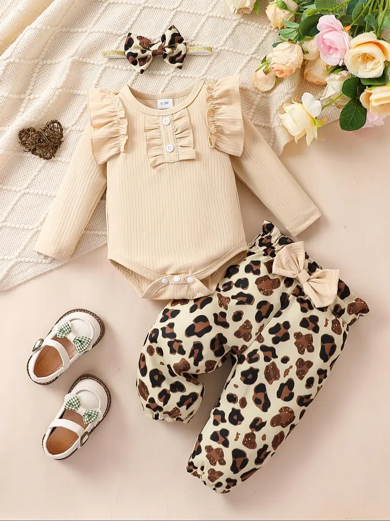 Three-piece Set Girl's Plain Ruffle Trim Bodysuit & Leopard Print Elastic Waist Pants & Hair Band Set, Casual Long Sleeve Round Neck Bodysuit & Trousers & Hair Band for Daily Wear, Kids Clothing for All Seasons, Girl Clothes, Essentials Set
