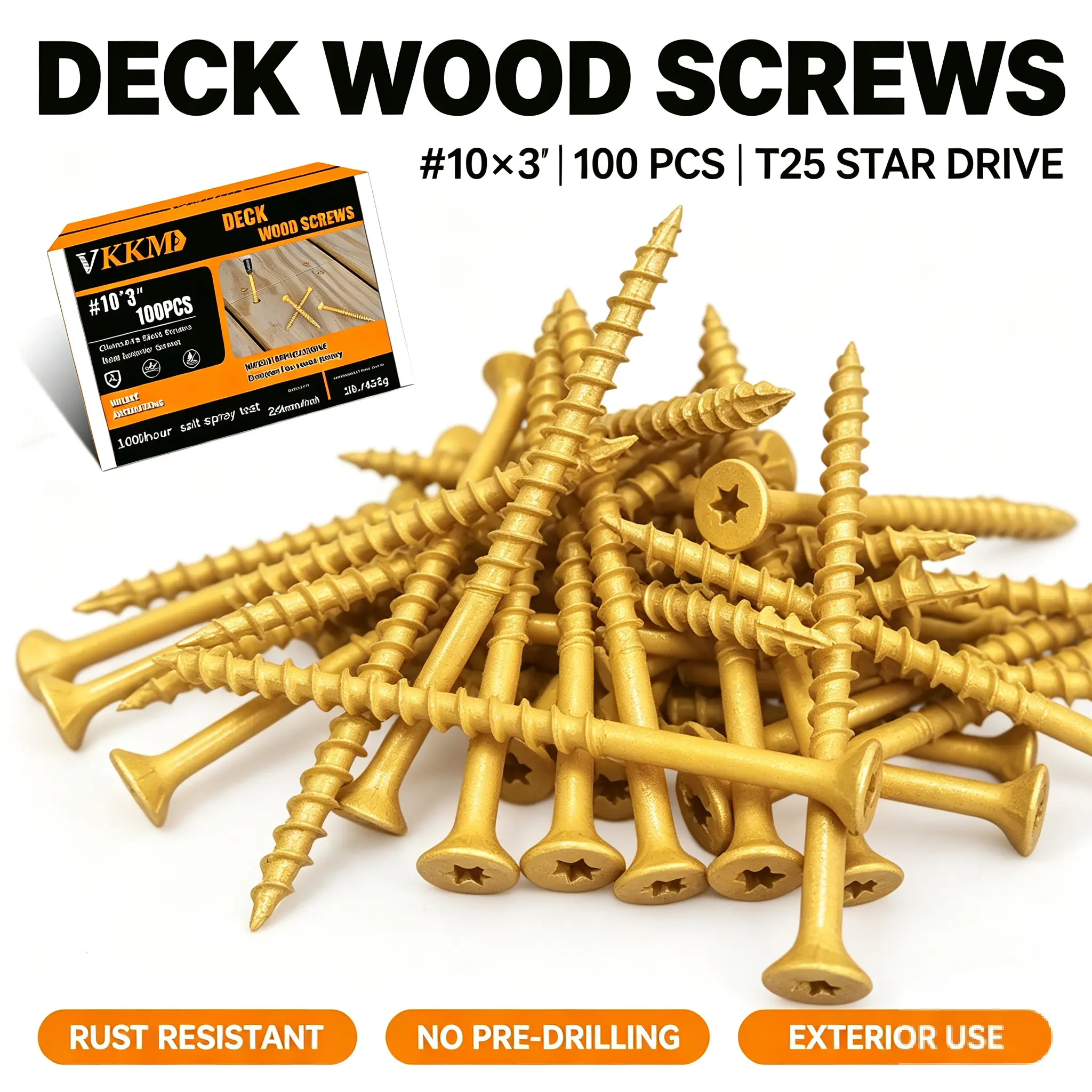VKKM 100Pcs #10 x 3 Inch Yellow Deck Screws, T25 Torx Star Drive Self-Tapping Exterior Wood Screws, Rust Resistant Epoxy Coated with Free T25 Bit for Decks Fences Outdoor Woodworking