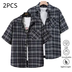 Pack of 2 summer short-sleeve shirts—lightweight, breathable plaid shirts suitable for beach vacations, pool parties, and everyday casual wear; plaid shirt, men’s shirt, men’s short-sleeve top Men's Striped Quick-Dry Polo Set Lightweight