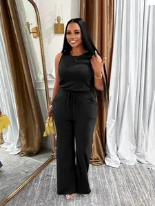 Women's Solid Color Fitted Tank Sleeveless Jumpsuit, Casual Comfy Wide Leg Jumpsuit for Daily Wear, Ladies Clothes for Summer