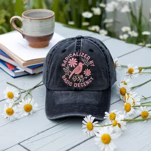 Feminist Protest Hat – “Radicalized by Basic Decency” Embroidered Cap, Floral Activist Hat, Social Justice Democracy Gift