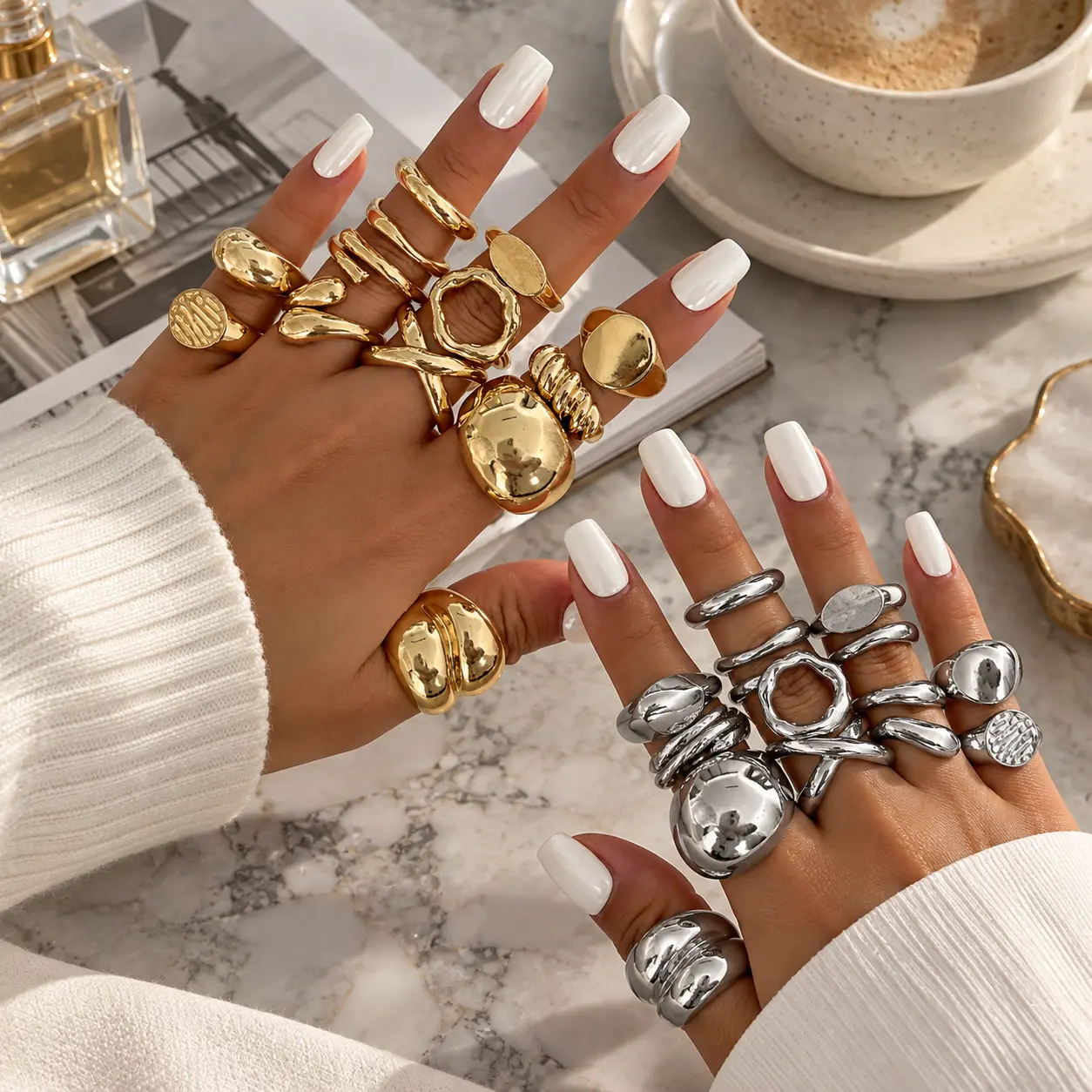 13 Pcs Gold Or Silver Tone Chunky Statement Ring Set, Adjustable Stackable Rings, Bold Irregular Rings for Women, Trendy Fashion Jewelry for Daily Outfit, Party & Night Out