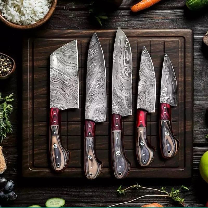 Handmade Damascus Kitchen Knife Set - 5 Pcs with Leather Roll Bag - High-Quality Craftsmanship - Block knife set