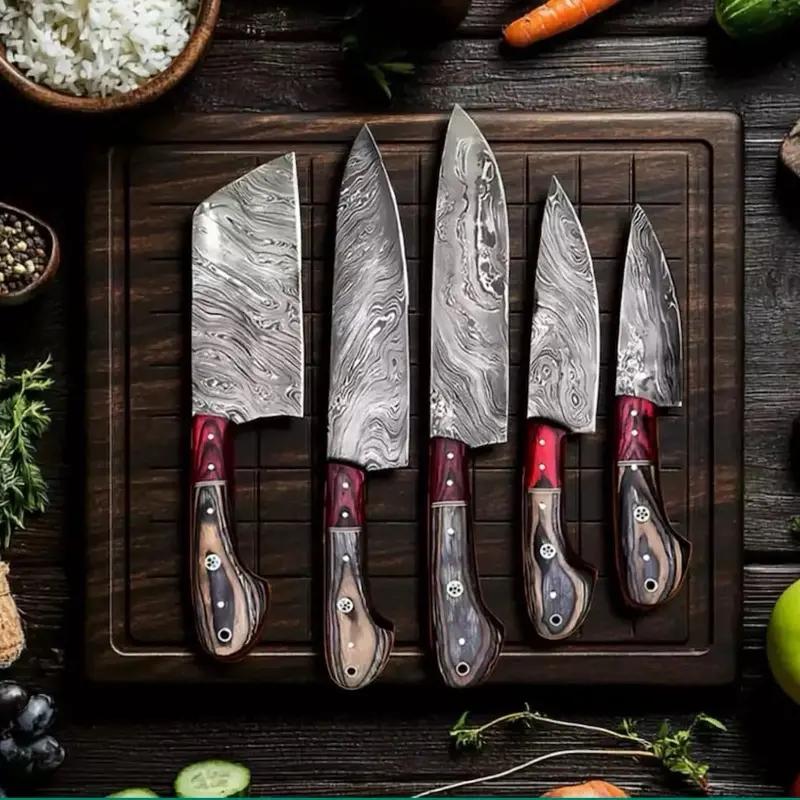 Handmade Damascus Kitchen Knife Set - 5 Pcs with Leather Roll Bag - High-Quality Craftsmanship - Block knife set