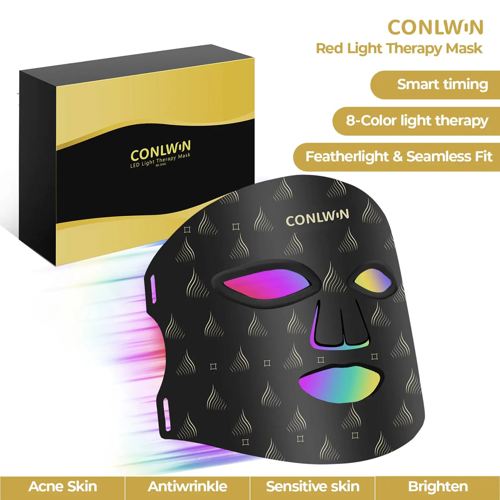 CONLWIN Red Light Therapy Mask,280 Pro LEDs,8 Light Modes for Various Skin Concerns, Ultra Lightweight, Smart Timer & Rechargeable Remote,Perfect Gift