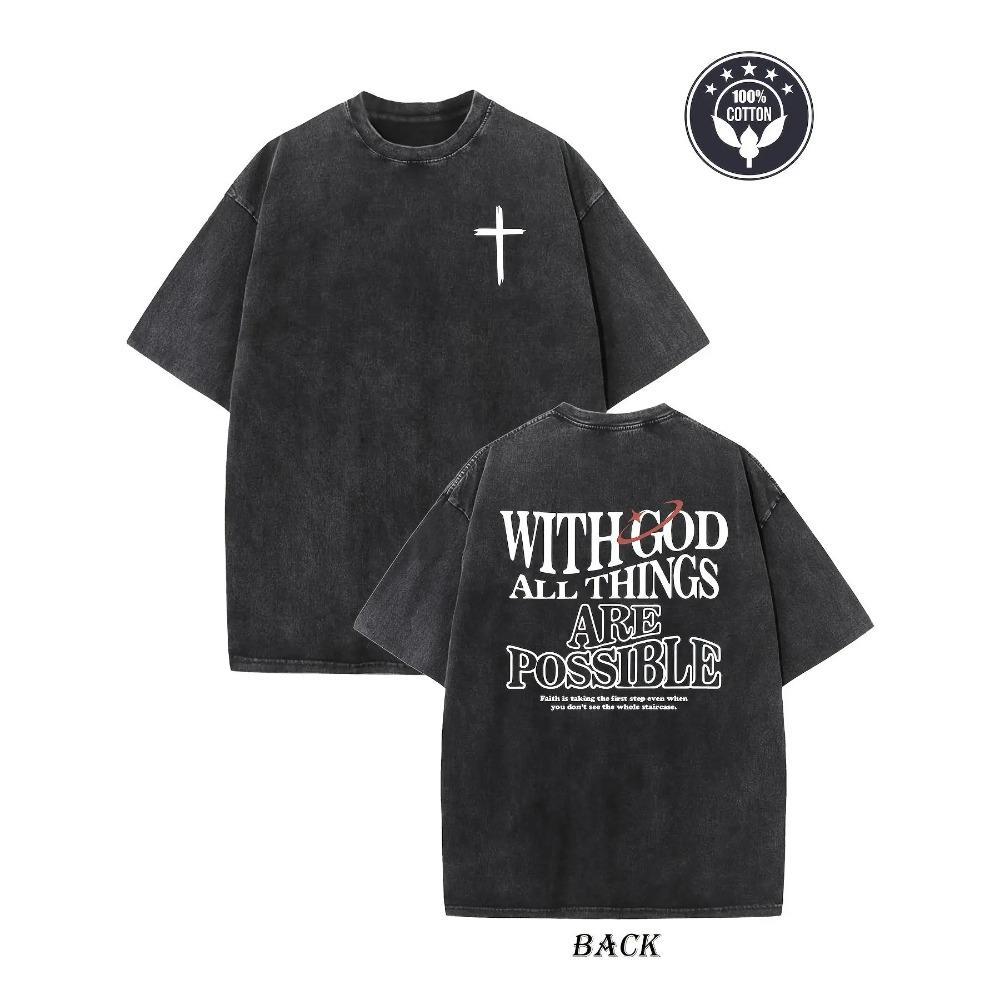 Men's Heavyweight 230gsm Cotton Vintage Washed T-Shirt - Dual-Sided "with God All Things Possible"Cross Print, Loose Fit Hip Hop Streetwear, Round Neck Short Sleeve Casual Tee for Casual Attire, Ribbed Neckline Shirt Crewneck Knit Fabric Tshirt