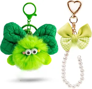 Kawaii Plush Keychain – Cute Anime Pom Pom Bag Charm with Bow & Pearl Wristlet for Women