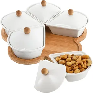 Ceramic Divided Serving Dishes with  and  Platter, 5 Removable Dipping Bowls Relish Tray Nuts Dishes for Appetizer, Chips, Fruits, Candy, Condiment