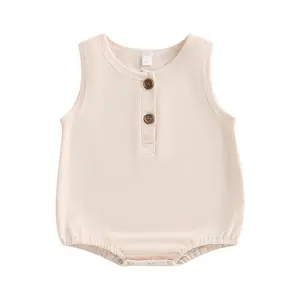 Unisex Baby Summer Romper Solid Color Sleeveless O-Neck Button Casual Playsuit Bodysuit For Boys Girls