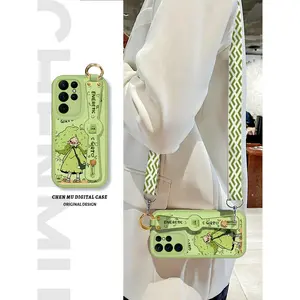 Applicable to Samsung S25 mobile phone case green girl Galaxys24 strap crossbody S22/S23 lanyard wrist strap bracket S21 neck cover 20 women's new ultra soft silicone FE all-inclusive +