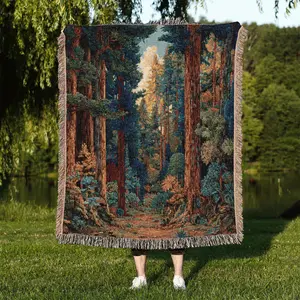 Sunlit Redwood Forest Woven Blanket: Cottagecore Tapestry Throw