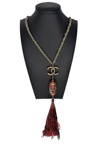 Pre-owned Chanel C25122528 Coco Mark Chin Necklace with Tassel Detail and Gold CC Logo