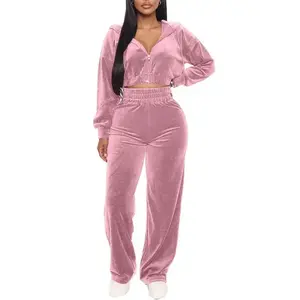 Women′s Casual Velvet Outfits, Solid Color Long Sleeve Hood Tops Drawstring Long Pants 2 Piece Loungewear Set Pajama Womenswear