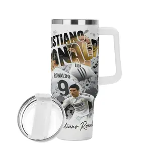 CR7 Soccer Star 40oz Tumbler with Handle & Straw - White Jersey #9 Inspired Insulated Cup, Leakproof Travel Mug, Keeps Cold 24Hrs, Perfect Game Day Gift for Soccer Fans