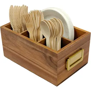 Silverware Holder for with Handle - Paper Holders for Countertop - Wooden Utensil for Parties - Spoon and Fork Organizer Silverware for Camping