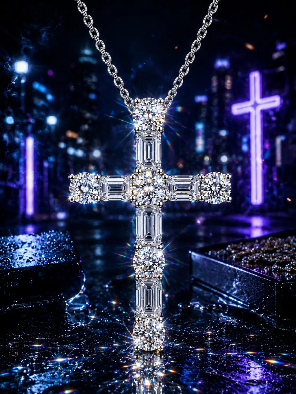 8034  Hip Hop Bling moiss Cross Pendant Necklace, Trendy Streetwear Statement Jewelry for Men Women, Stylish Daily Wear Accessory