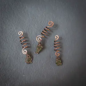 Moldavite crystal Hair Charm wire wrapped in copper with certificate, Braid spirals, Hair Braid Cuffs, Hair Accessories, Hair Rings set of 3