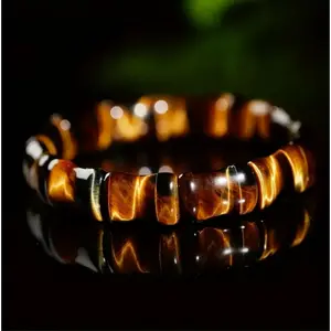 Natural Tiger's Eye Handmade Bamboo Beaded Bracelet Stretch Feng Shui Men Women Bangle Bracelet