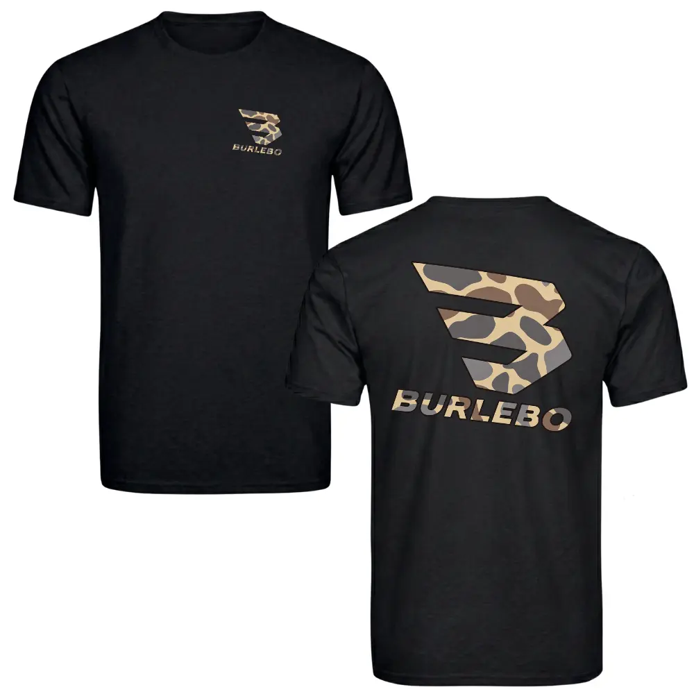 Burlebo Camo Logo T-Shirt, Oversized Camouflage Brand Graphic Front & Back Print Black Unisex Outdoor Tee for Men and Women