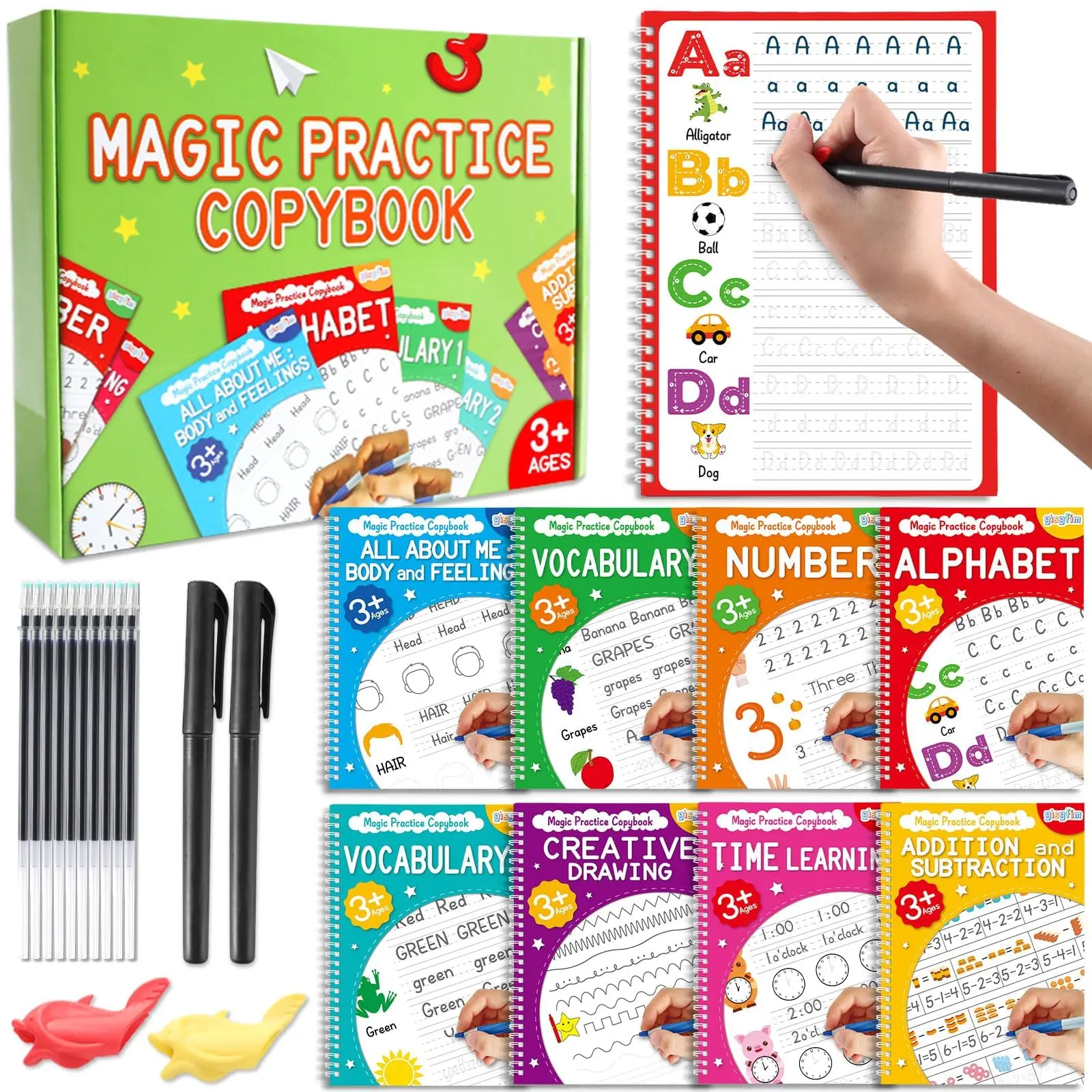 8-Pack Large Magic Grooved Reusable Handwriting Practice Copybook Stationery Set - Disappearing Ink Pens, Pencil Grips, Learning Materials for Preschool Kids Age 3-8 - Ideal for Christmas, Birthdays