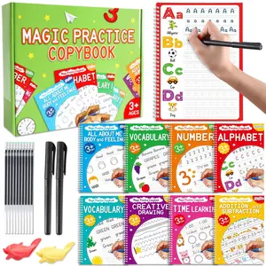 8 Pack Large Magic Grooved Practice Copybook with Disappearing Ink Pens Pencil Grips for Kids Reusable Magical Handwriting Workbook Letter Tracing Books for Kindergarten Preschool Kids Age 3-8