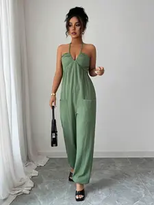 Women's Summer Sleeveless Halter One-Piece Jumpsuit with Pockets, Boho Casual Romper, Casual Fashion Overall for Women, Comfortable and Stylish, Casual Comfy Jumpsuit