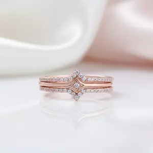 Rose Gold Halo Round Cut 3PC Wedding Band Set