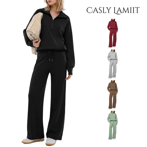 Casly Lamiit Women's 2-Piece Chic Ribbed Silk-Like Matching Outfit Set - Drop-Shoulder Oversized Half-Zip V-Neck Pullover Top with Thumbholes, High-Waist Wide-Leg Pants (Skim-Not Hug) - Fitness, Outdoor Travel Essentials, Matching Sets For Women,sohochic