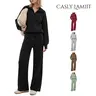 Casly Lamiit Women's 2-Piece Chic Ribbed Silk-Like Matching Outfit Set - Drop-Shoulder Oversized Half-Zip V-Neck Pullover Top with Thumbholes, High-Waist Wide-Leg Pants (Skim-Not Hug) - Fitness, Outdoor Travel Essentials, Matching Sets For Women,sohochic