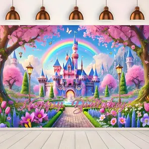 1PC,2D Flat Enchanted Castle Birthday Backdrop, Children's Party Photo Decoration Cloth, Fairy - tale Style Pink Cherry Blossom Rainbow Castle - themed Background Wall, Baby's First - year Birt