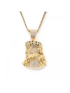 Iced Out 14K Gold Plated Iced Out CZ Simulated Diamond Green Crown Jesus Piece Pendant Necklace for Men Women, Hip Hop Religious Jewelry, Exquisite Trendy Pendant, Fashion Necklace