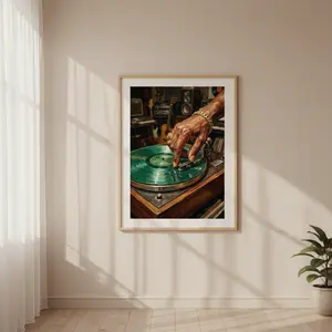 Vinyl Record Player Wall Art - Vintage Oil Painting Black DJ Poster - Music Room Decor