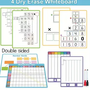 Reusable A4 Dual-Sided Fraction and Decimal Dry Erase Boards, Visual Math Learning Kit with Colorful Grids, Charts, Formula Tables