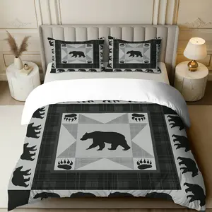 3PCS Duvet Cover Set, 1 Duvet+2 Pillowcases(Without filler), Bear Paw Nordic Rustic Black Grey theme, Christmas bedding set, Animal Print Suitable for decoration Bedroom Hotel Cabin Lodge