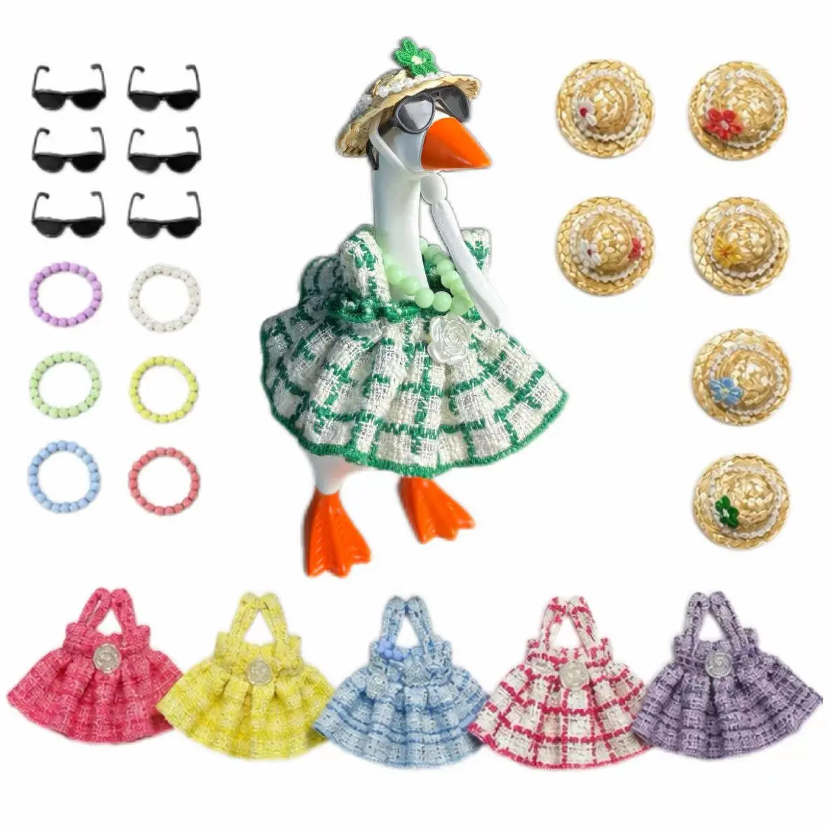 Rose Garden Set 24 Pieces 6 Complete Summer Garden Outfit Accessories For 7 Inch Magnetic Desk Goose Straw Hat Plaid Dress Beaded Necklace Sunglasses Full Clothing Kit Only Sold As Whole Set Goose Figurine Not Included Home Desktop Decor Birthday Gift