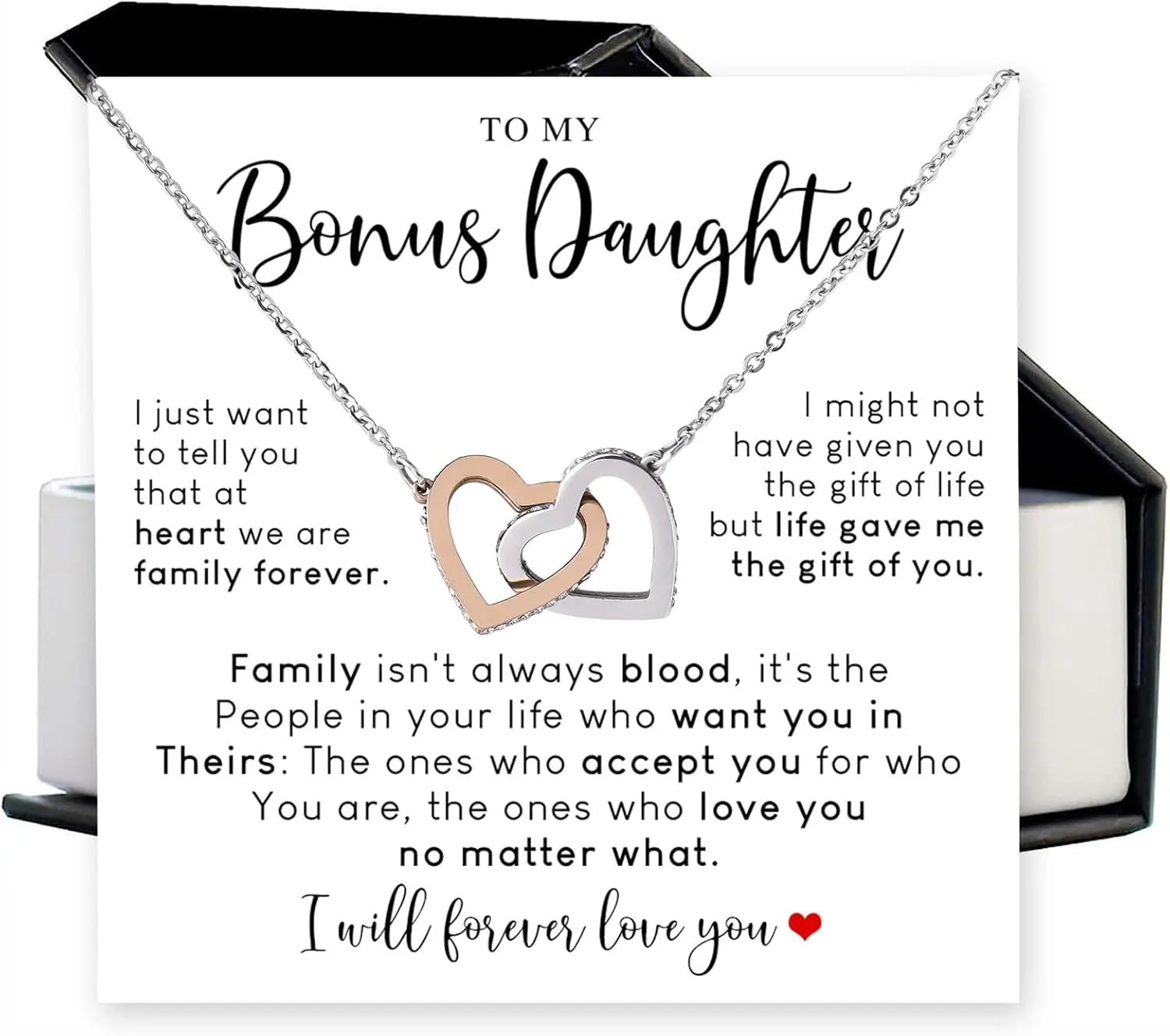 To My Bonus Daughter Interlocking Hearts Necklace With Heartfelt Message & Elegant Box, Bonus Daughter Necklace From Stepdad, Stepmom, Birthday, Christmas Gifts For StepDaughter