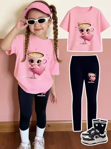Adorable Cute Clothing Set Coffee Ballet Two-Piece Set for Girls 4-12 Years, Round Neck Short Sleeve & Tight Pants, Casual Fit, All Seasons