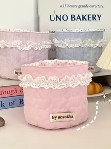 Korean Style Quilted Fabric Storage Basket, Round Desktop Organizer, Snack Holder, Bedroom Desk Makeup Stand Multi-Functional Container