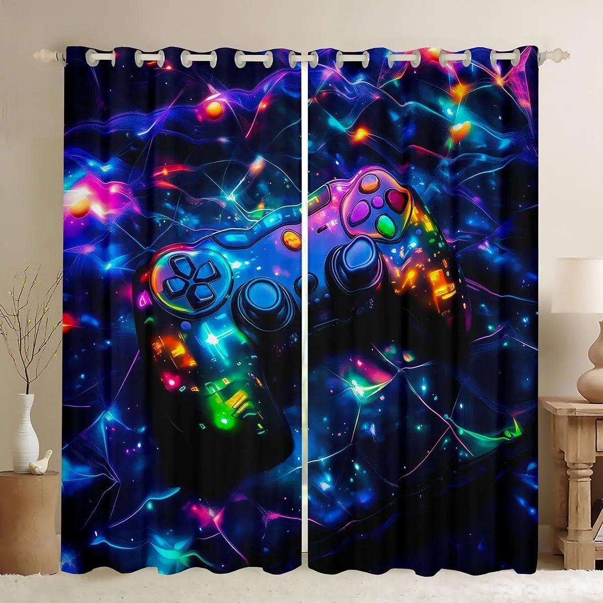 Kids Gamer Blackout Curtains Galaxy Gaming Window Curtains Glitter Game Darkening Drapes Boys Girls Gamepad Teens Window Treatments Bedroom Decor (2 Panels )