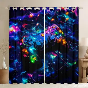 Kids Gamer Blackout Curtains Galaxy Gaming Window Curtains Glitter Game Darkening Drapes Boys Girls Gamepad Teens Window Treatments Bedroom Decor (2 Panels )