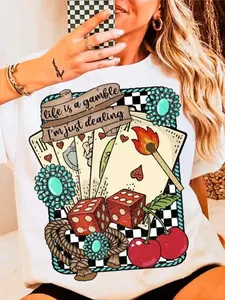 life is a gamble, I'm just dealing-Womenswear Casino Print Crewneck T-Shirt, Casual Loose-Fitting Short Sleeve, All Seasons Wear, Outdoor Home Sport, Multiple Sizes Available