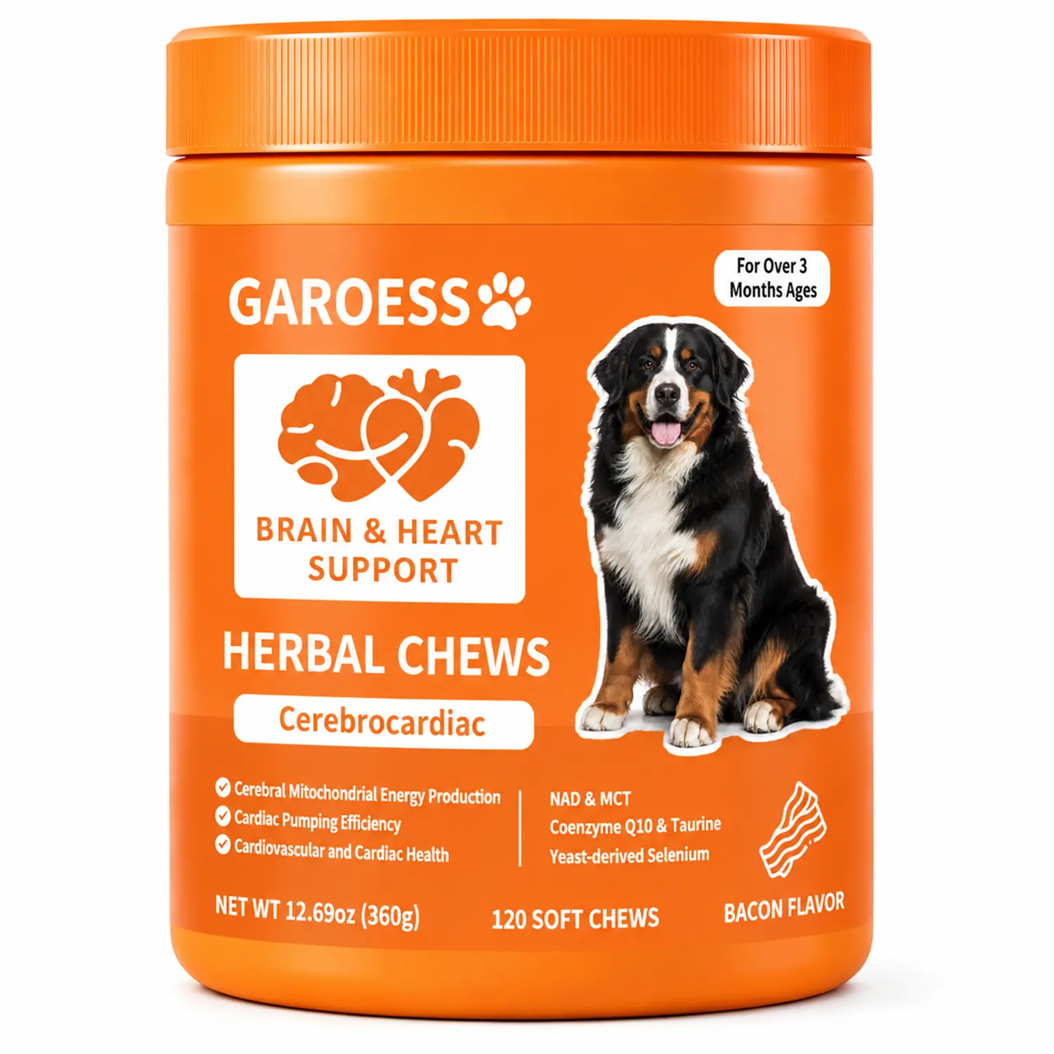 GAROESS Brain & Heart Chews Supplement for Dogs, CoQ10 NAD Resveratrol MCT Supplement, Supports Canine Cognitive Function, Cardiac Health & Cellular Energy, Antioxidant Protection, Bacon Flavor, 120 Count.
