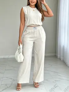 Two-Piece Set Women's Solid Color Tank Top Sleeveless & Wide Leg Pants Set, Casual Fashion Cozy Breathable Two-piece for Daily Outdoor Wear, Ladies Clothes for Summer, Suits