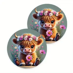 Cartoon Highland Cow Pattern Car Coaster, Round Anti-slip Car Cup Holder Pad, Car Interior Decoration Accessories for Women & Men, Car Interior Accessory
