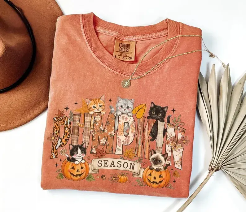 Comfort Colors Pumpkin Season Shirt, Vintage Fall Cat Graphic Tee, Black Cat Pumpkin T-Shirt, Cute Autumn Thanksgiving Apparel, Cat Lover Gift